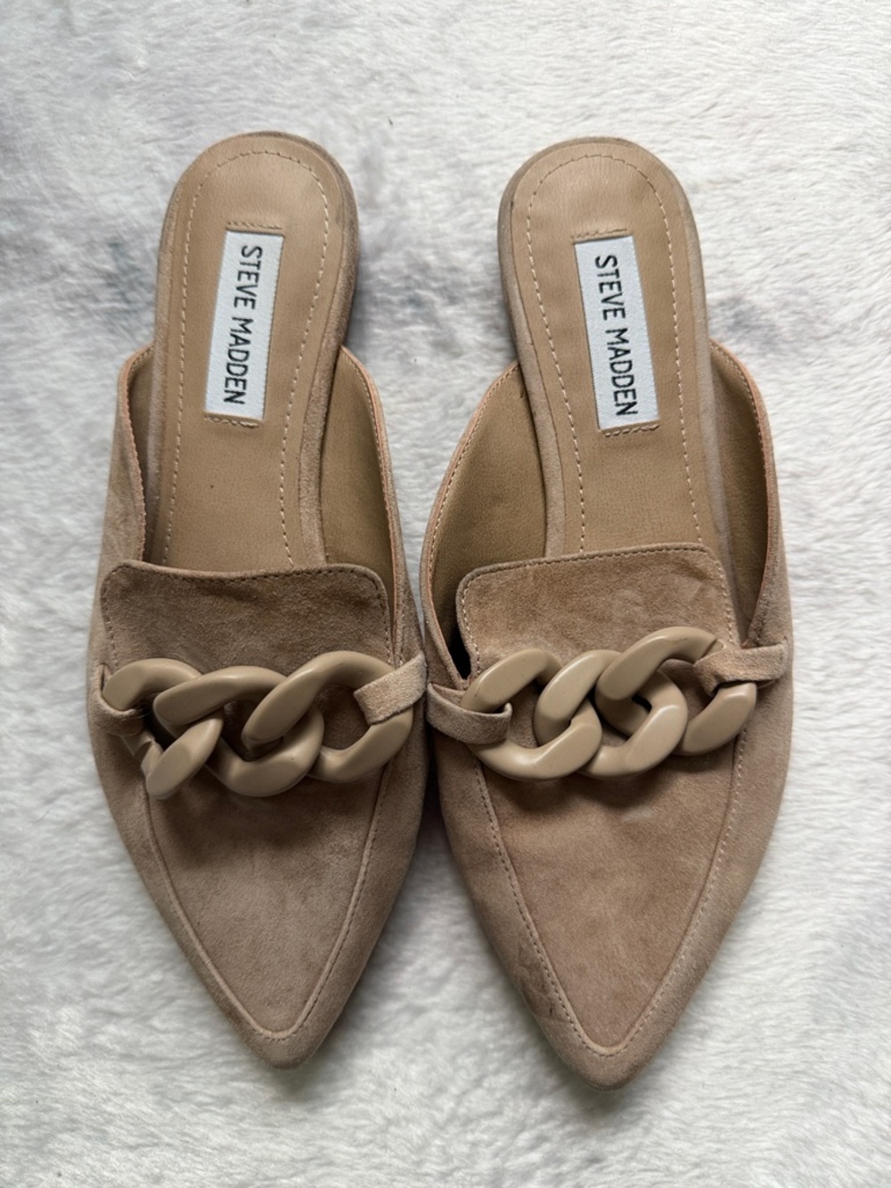 Steve Madden Taupe Suede Pointed-Toe Mules with Chunky Chain